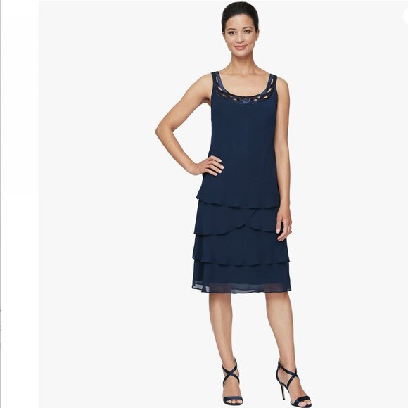 SLNY Mother of The Bride Jacket Dress with Sequined Cut Out Shoulder NWT - Picture 3 of 15